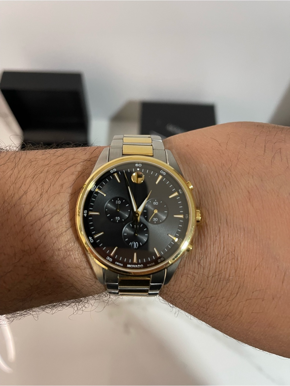 Movado Two Tone Bracelet Watch with Black Dial